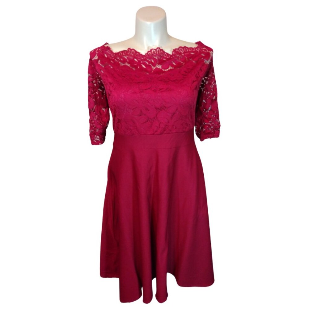 Women Red 1/2 Sleeve Dress with Lace